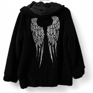 NWT Widow XL Black Sherpa Hoodie with Silver Wing Design